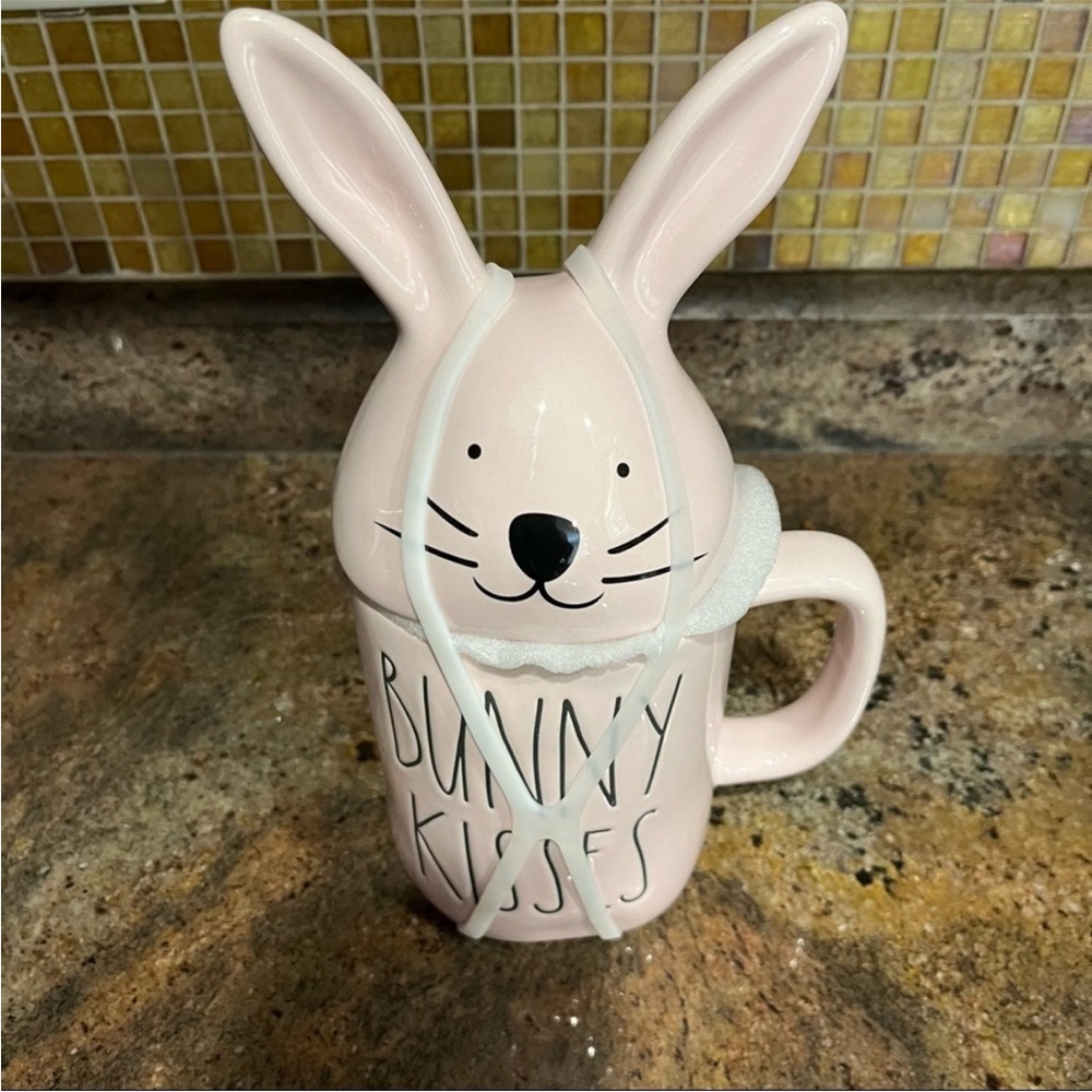 RAE DUNN "Bunny Kisses" Pink Mug with Bunny Topper